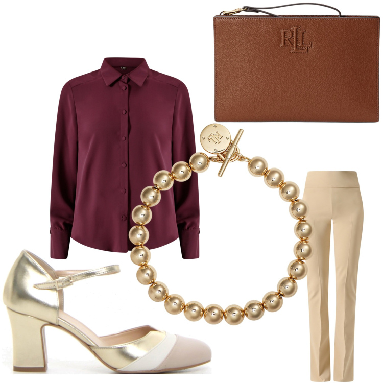Outfit donna - Chic. Stile Chic per Serata fuori. Abbinamento con camicie, pantaloni, braccialetti, pochette, sandali col tacco.