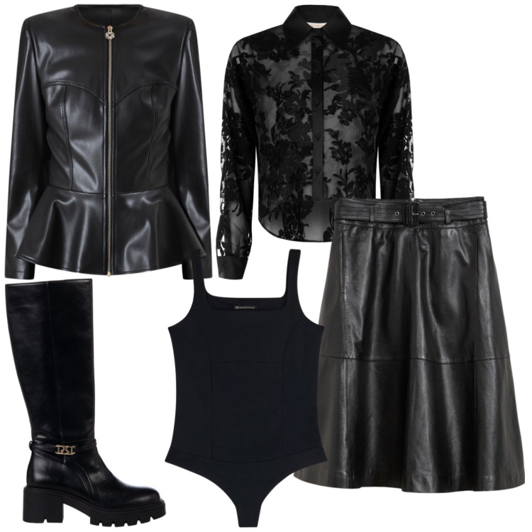 Outfit donna - Dark. Stile Rock per Serata fuori. Abbinamento con gonne, camicie, giacche, stivali sopra il ginocchio, body.
