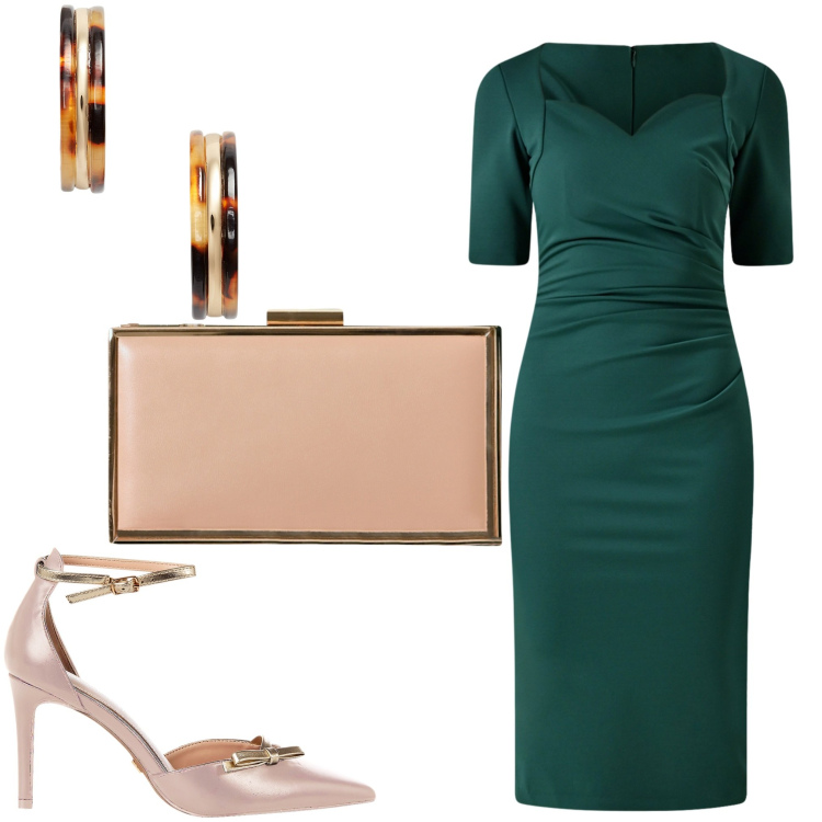 Outfit donna - Verde. Stile Chic per Serata fuori. Abbinamento con vestiti a tubino, pochette, décolleté, orecchini.