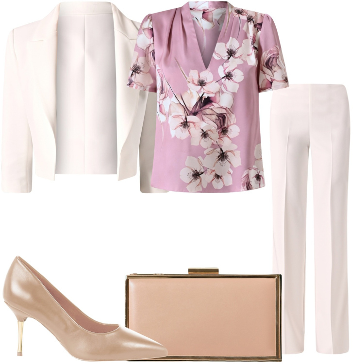 Outfit donna - Pranzo. Stile Glamour per Tutti i giorni. Abbinamento con pantaloni a palazzo, bluse, blazer, décolleté, pochette.
