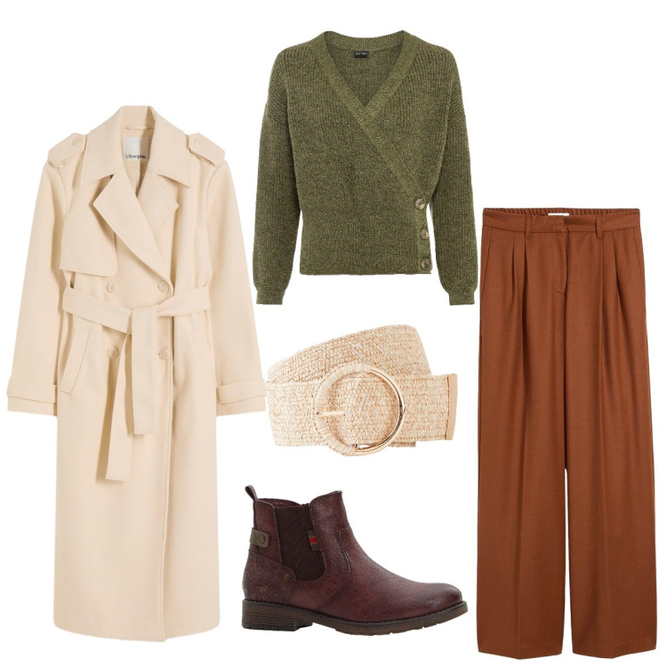 Outfit donna - Aspettando l’autunno. Stile Urban per Tutti i giorni. Abbinamento con maglieria, cinture, trench, pantaloni, stivaletti.