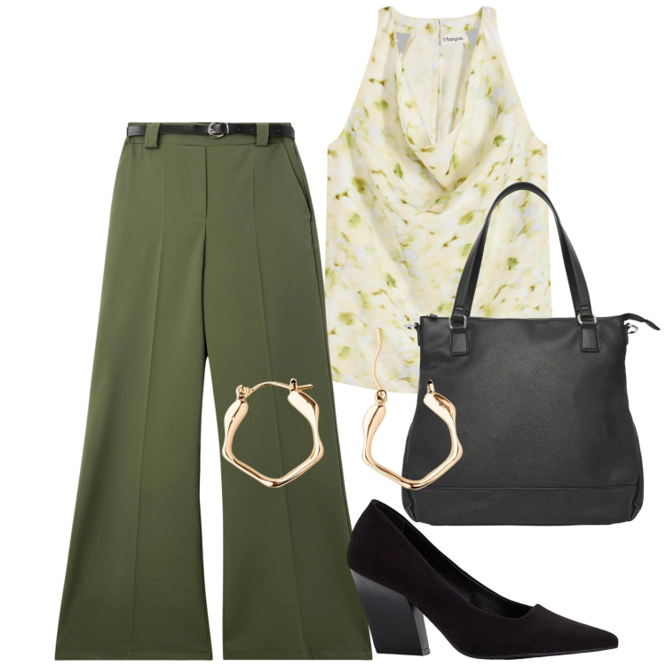 Outfit donna - Camicetta per l\'ufficio. Stile Bon Ton per Ufficio. Abbinamento con top, décolleté, orecchini, pantaloni, shopping bag.