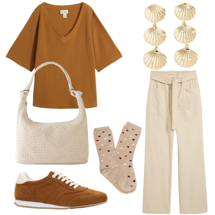 Outfit donna - Beige e marrone. Stile Minimal per Tutti i giorni. Abbinamento con shopping bag, bluse, pantaloni, sneakers, orecchini, calzini.