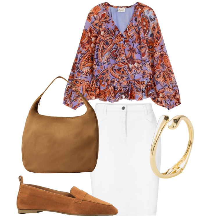 Outfit donna - La blusa versatile. Stile Etnico per Tutti i giorni. Abbinamento con mocassini, gonne, braccialetti, bluse, borse a mano.