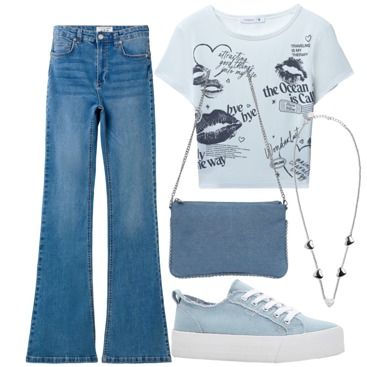 Outfit donna - Blue jeans. Stile Casual per Tutti i giorni. Abbinamento con sneakers, jeans a zampa, borse a tracolla, t-shirt, collane.