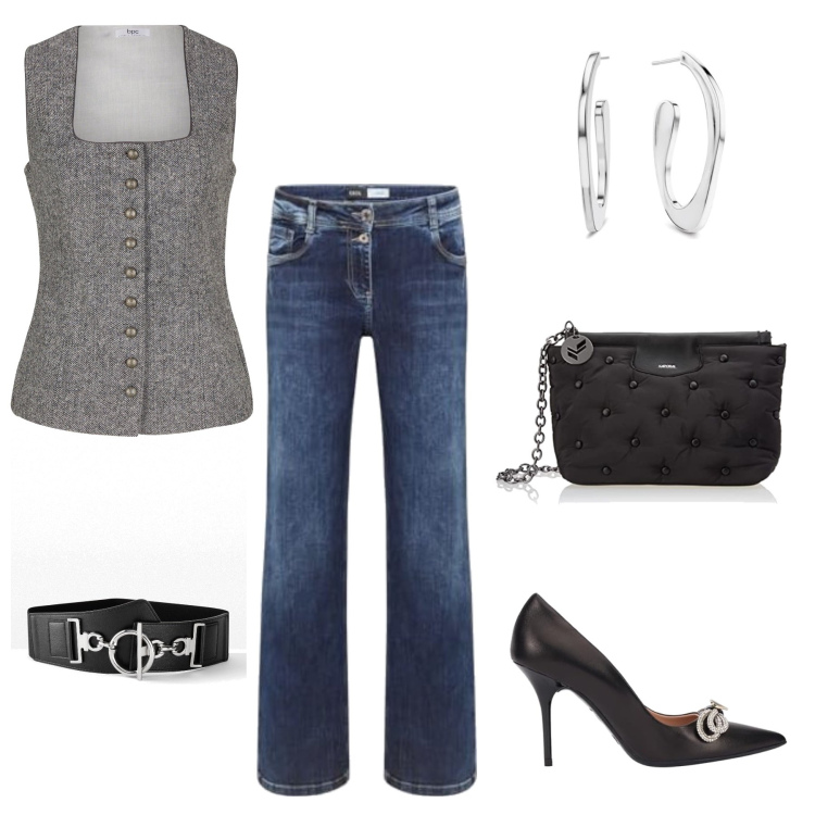 Outfit femme - Back to work. Style Chic pour Bureau. Assortir avec chemisiers, ceintures, pantalon , sacs à main, chaussures à talon, boucles d'oreilles.