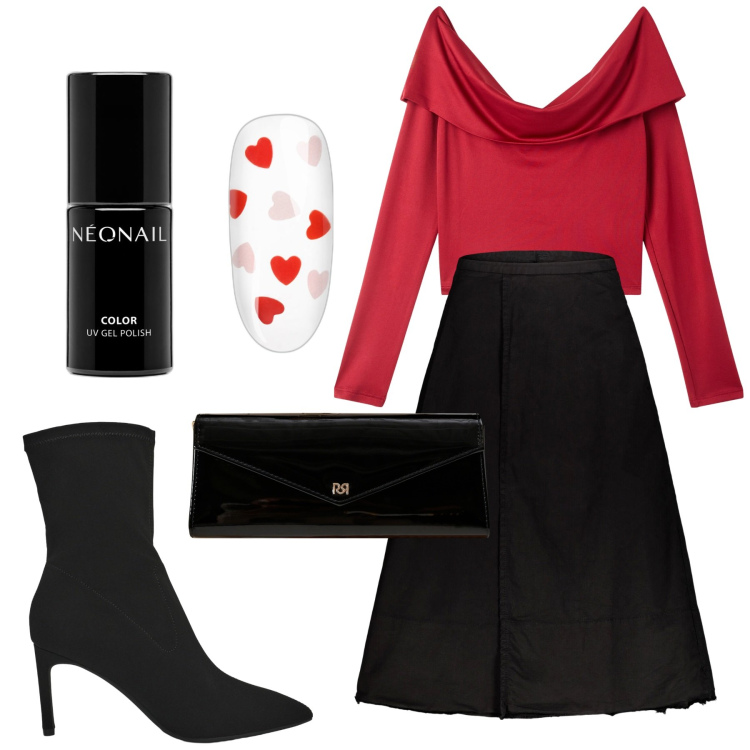 Outfit donna - Cuoricini. Stile Romantica per Serata fuori. Abbinamento con smalti, t-shirt, stivali, pochette, gonne lunghe.