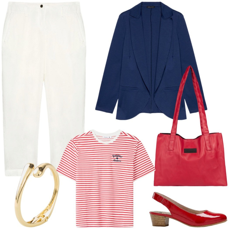Outfit donna - Blazer blu. Stile Casual chic per Tutti i giorni. Abbinamento con décolleté, braccialetti, t-shirt, shopping bag, pantaloni, blazer.