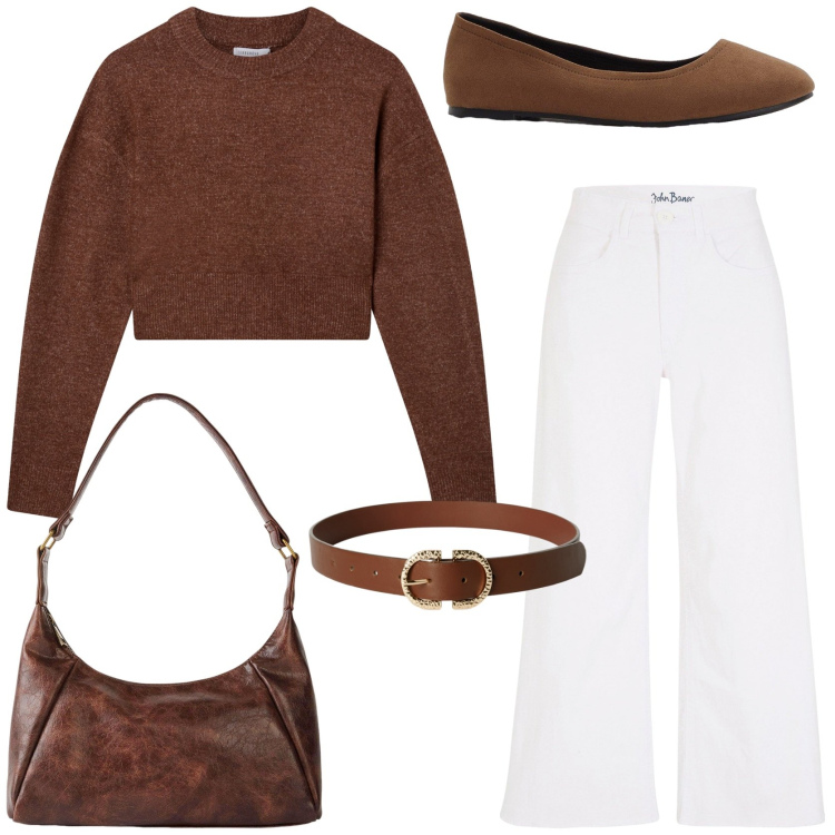 Outfit donna - White jeans autumn edition. Stile Casual per Tutti i giorni. Abbinamento con jeans, borse a mano, ballerine, cinture, maglieria.