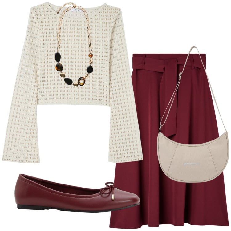 Outfit donna - Total look #2237798. Stile Glamour per Tutti i giorni. Abbinamento con ballerine, gonne lunghe, maglieria, borse a spalla, collane.