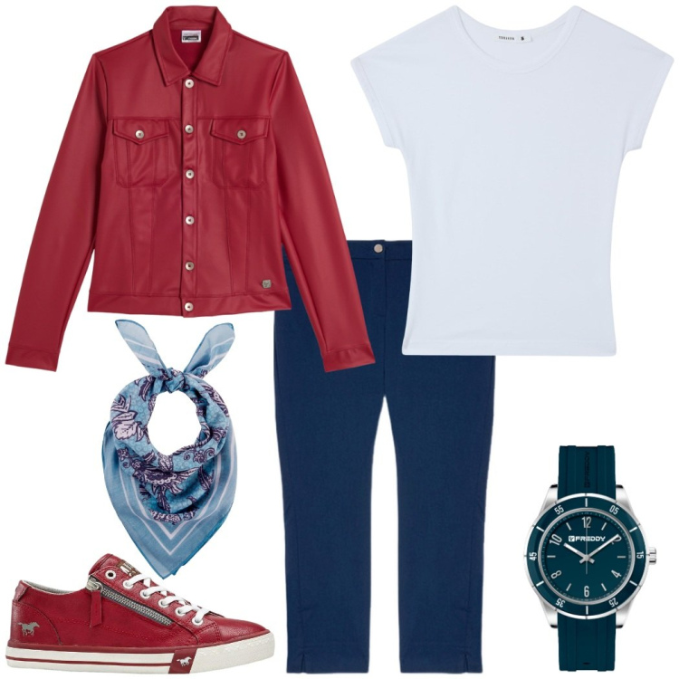 Outfit donna - Sneaker rossa. Stile Urban per Tutti i giorni. Abbinamento con foulard, sneakers, t-shirt, giacche, orologi, pantaloni chino.