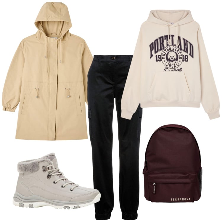 Outfit donna - Freschino in montagna. Stile Basic per Tutti i giorni. Abbinamento con pantaloni cargo, stivaletti, blazer, felpe con cappuccio, zaini.