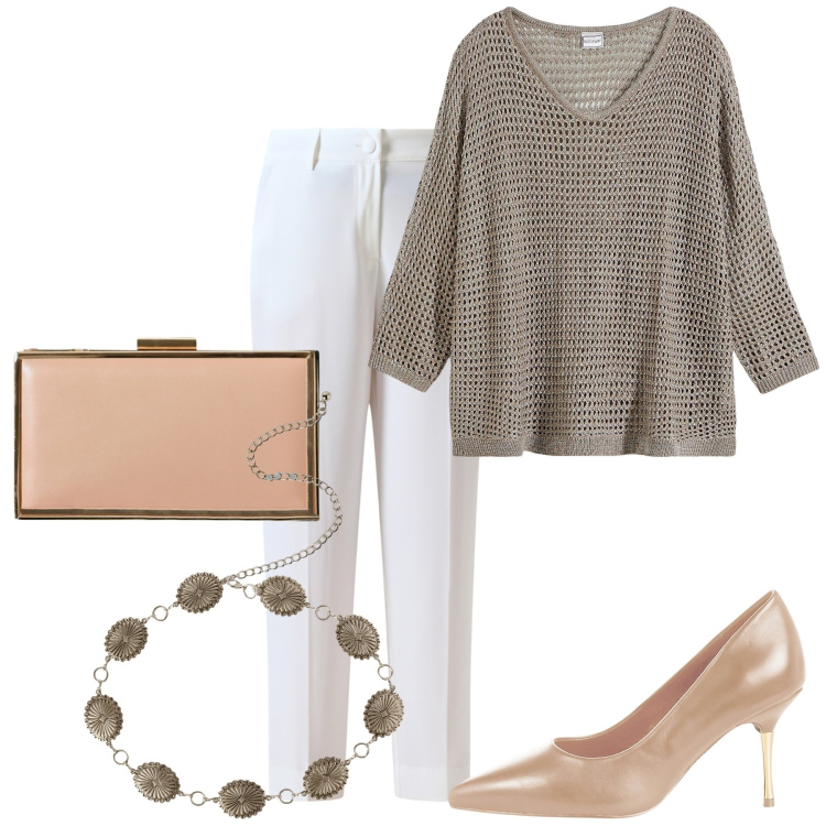 Outfit donna - La maglia traforata. Stile Glamour per Serata fuori. Abbinamento con maglieria, cinture, pantaloni, décolleté, pochette.