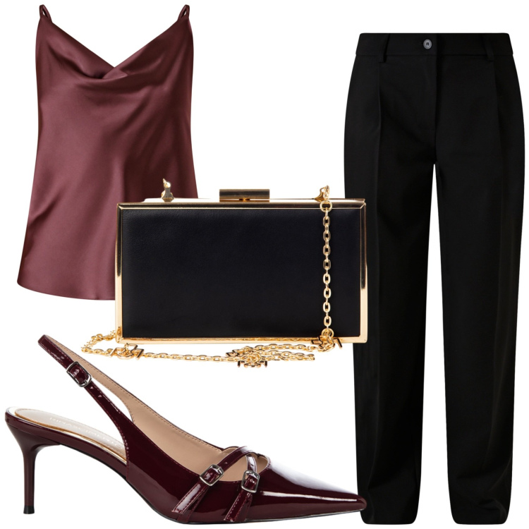 Outfit donna - Il top in raso. Stile Casual chic per Serata fuori. Abbinamento con pantaloni, décolleté, canottiere, pochette.