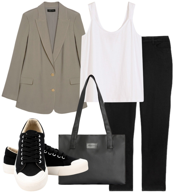 Outfit donna - Settembre è imminente. Stile Mannish per Ufficio. Abbinamento con canottiere, shopping bag, blazer, sneakers, jeans skinny.