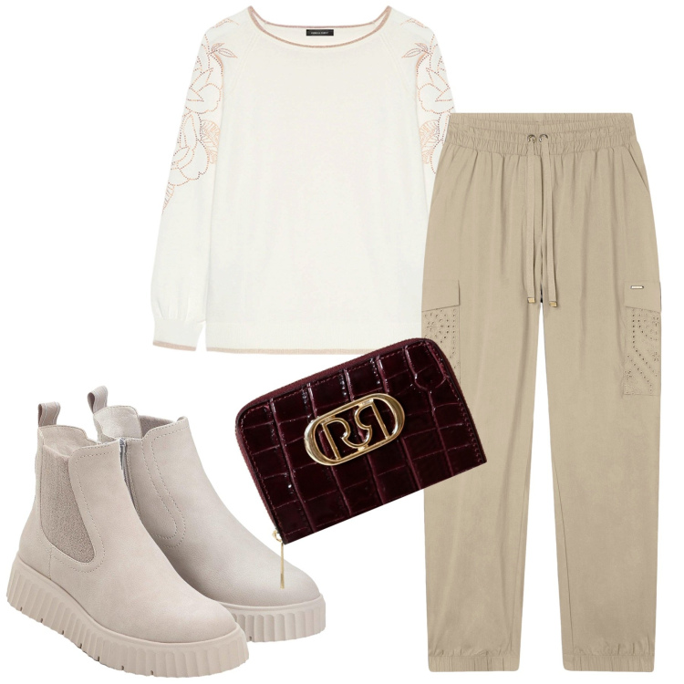 Outfit donna - Voglio stare comoda. Stile Casual chic per Tutti i giorni. Abbinamento con stivaletti, portafogli, pantaloni cargo, maglieria.