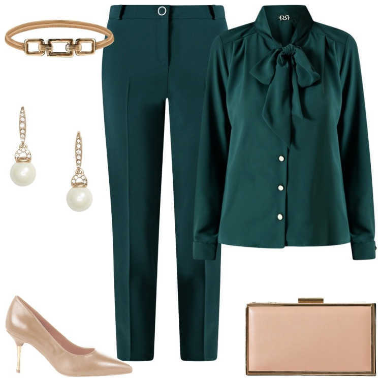 Outfit donna - Completo verde bottiglia. Stile Glamour per Serata fuori. Abbinamento con pantaloni, bluse, décolleté, pochette, cinture, orecchini.