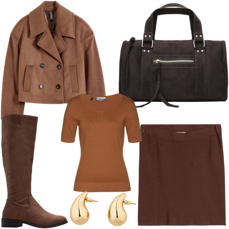 Outfit donna - Autumn palette. Stile Trendy per Tutti i giorni. Abbinamento con stivali, maglieria, gonne, caban, orecchini, borse a mano.