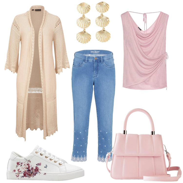 Outfit donna - L’estate sta finendo. Stile Casual chic per Tutti i giorni. Abbinamento con jeans dritti, sneakers, cardigans, borse a tracolla, orecchini, top.