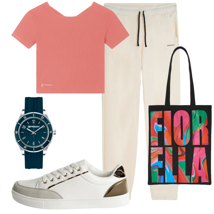 Outfit donna - Sportiva. Stile Sporty chic per Sport. Abbinamento con sneakers, pantaloni, t-shirt, orologi, borse tote.