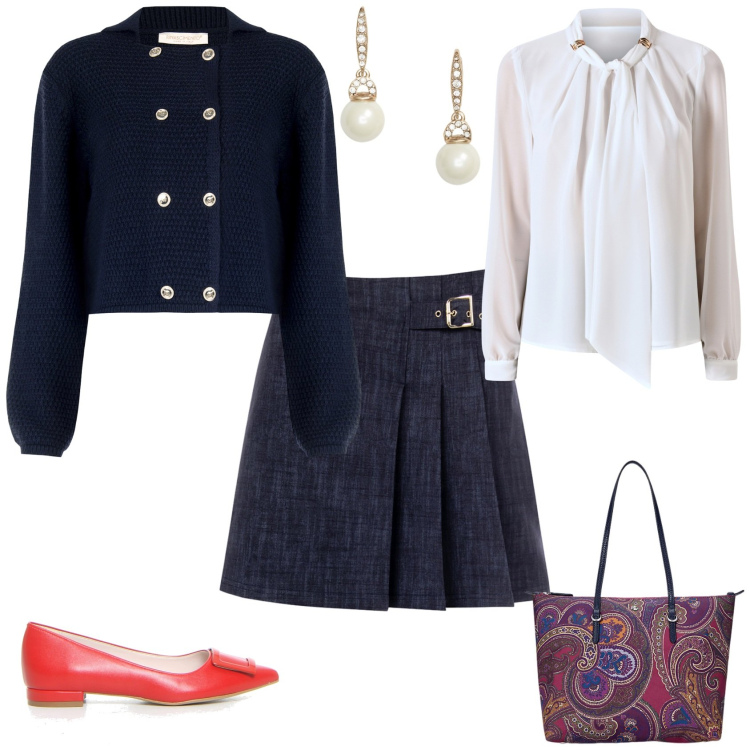 Outfit donna - Preppy chic per tutti I giorni. Stile Preppy per Tutti i giorni. Abbinamento con minigonne, blazer, bluse, borse tote, orecchini, ballerine.
