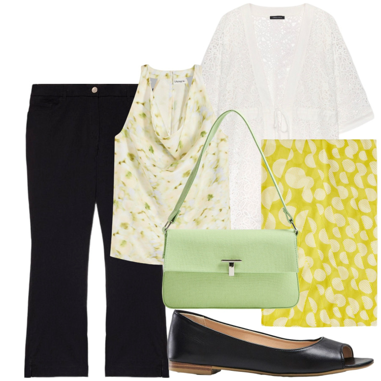 Outfit donna - Settembre. Stile Casual chic per Tutti i giorni. Abbinamento con top, ballerine, borse a spalla, stole, blazer, pantaloni.