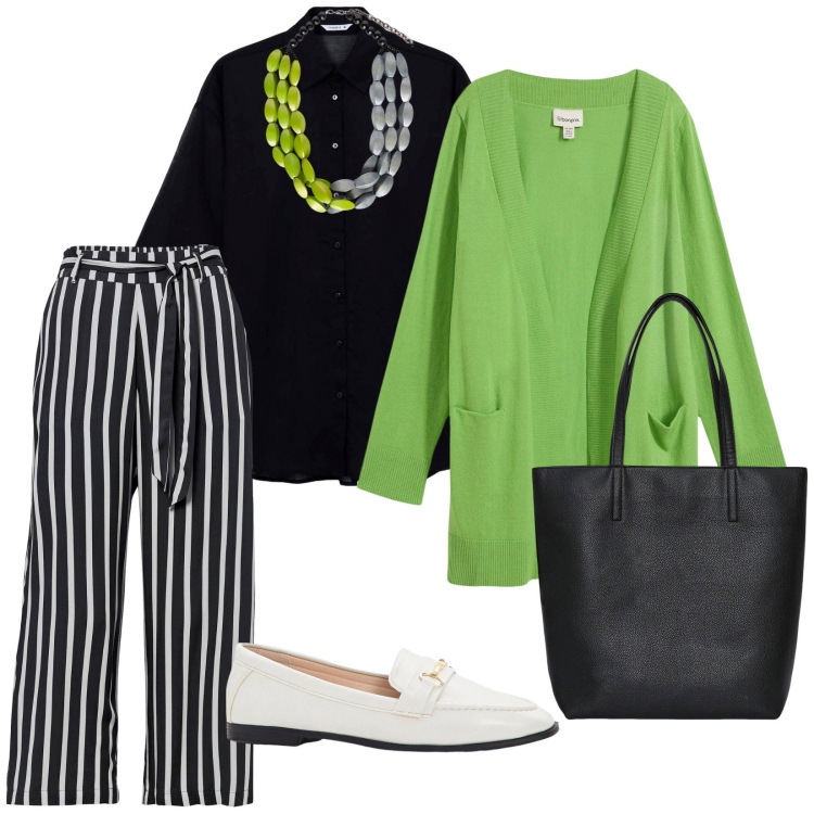 Outfit donna - I primi cardigan. per Tutti i giorni. Abbinamento con mocassini, pantaloni a palazzo, cardigans, borse tote, camicie, collane.