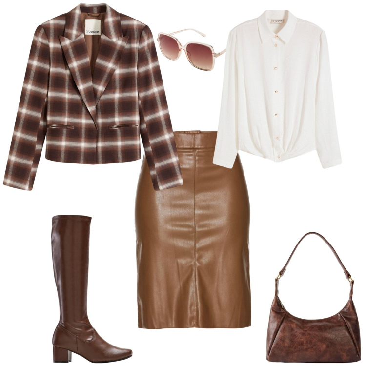 Outfit donna - Total look #2237861. Stile Trendy per Ufficio. Abbinamento con stivali, borse a mano, occhiali da sole, camicie, gonne longuette, blazer.