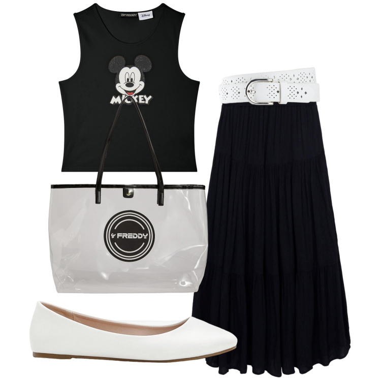 Outfit donna - Total look #2237862. Stile Trendy per Tutti i giorni. Abbinamento con ballerine, cinture, gonne lunghe, shopping bag, canottiere.