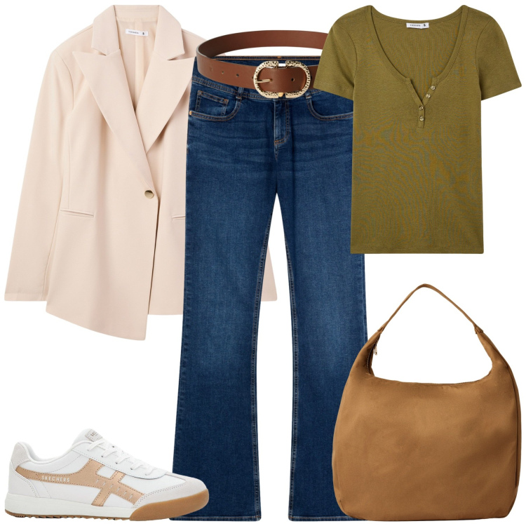 Outfit donna - Giornate piovose. Stile Casual per Scuola/Università. Abbinamento con sneakers, jeans a zampa, blazer, borse a mano, t-shirt, cinture.