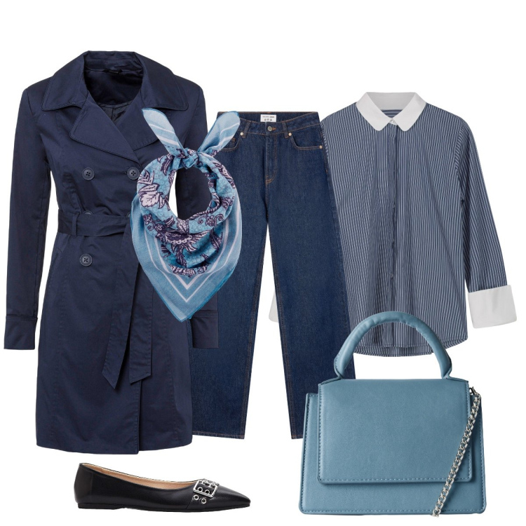 Outfit donna - Total look #2237867. Stile Minimal per Ufficio. Abbinamento con trench, ballerine, foulard, borse a tracolla, jeans, camicie.