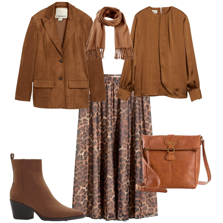 Outfit donna - Total look #2237870. Stile Trendy per Ufficio. Abbinamento con bluse, gonne longuette, stivaletti texani, borse a tracolla, sciarpe, blazer.