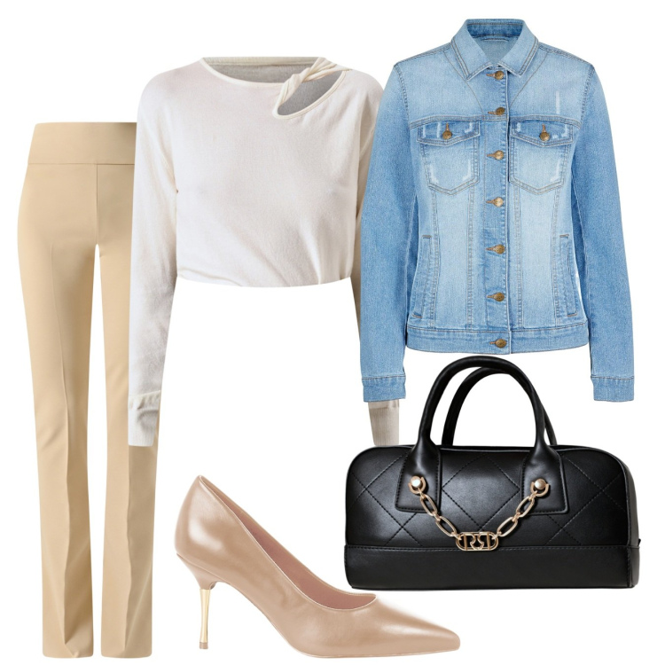 Outfit donna - Ufficio e Tempo libero. Stile Boho per Tutti i giorni. Abbinamento con blazer, borse a mano, maglieria, décolleté, pantaloni.