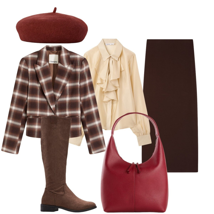 Outfit donna - Un po’ british…. Stile Trendy per Tutti i giorni. Abbinamento con shopping bag, stivali, blazer, gonne lunghe, camicie, cappelli e berretti.