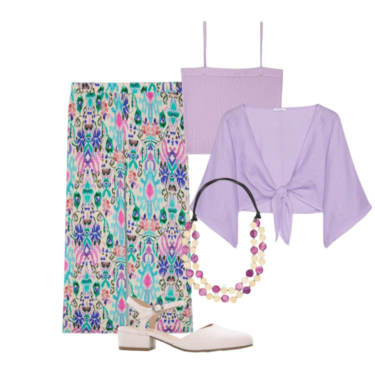 Outfit donna - Viola è il colore della salute mentale. Stile Etnico per Tutti i giorni. Abbinamento con décolleté, canottiere, pantaloni a palazzo, bolero, collane.