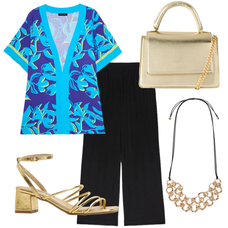 Outfit donna - Fiorella Rubino. Stile Casual per Tutti i giorni. Abbinamento con sandali col tacco, borse a tracolla, collane, kimono, pantaloni.
