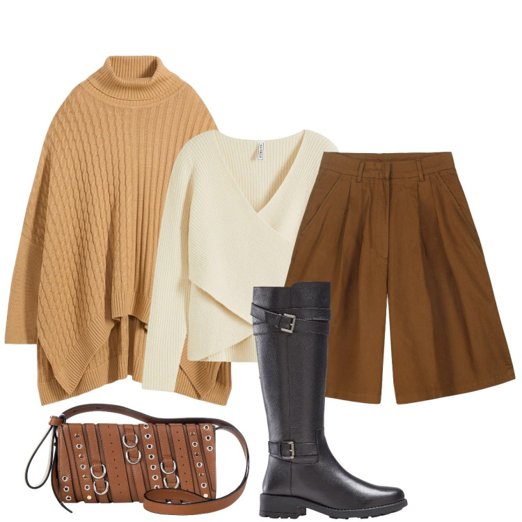 Outfit donna - La calda mantella. Stile Minimal per Tutti i giorni. Abbinamento con stivali, maglieria, maglieria, borse a spalla, bermuda.