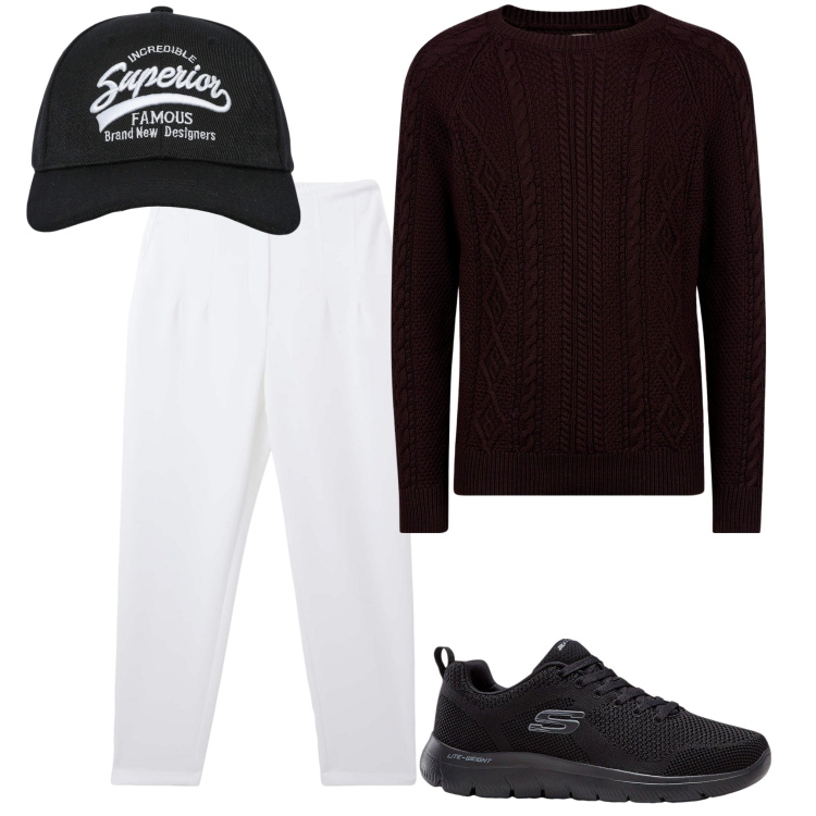 Outfit uomo - In tuta. Stile Casual per Tutti i giorni. Abbinamento con sneakers, cappelli con visiera, pantaloni chino, maglieria.