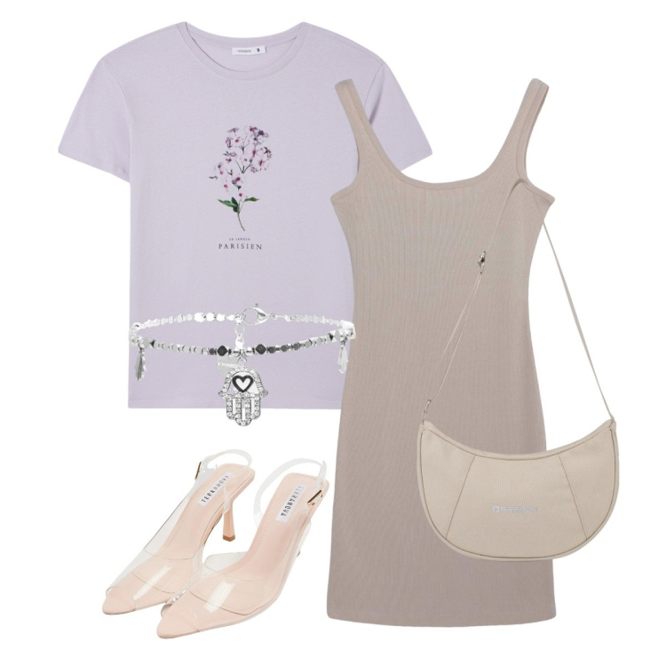Outfit donna - Si gentile #salutementale∆. Stile Casual chic per Tutti i giorni. Abbinamento con vestiti, t-shirt, sandali col tacco, braccialetti, borse a spalla.