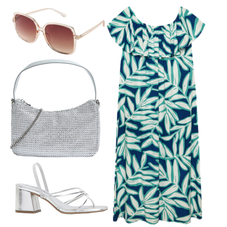 Outfit donna - L\'abito fantasia. Stile Casual per Tutti i giorni. Abbinamento con sandali col tacco, occhiali da sole, borse a tracolla, vestiti lunghi.