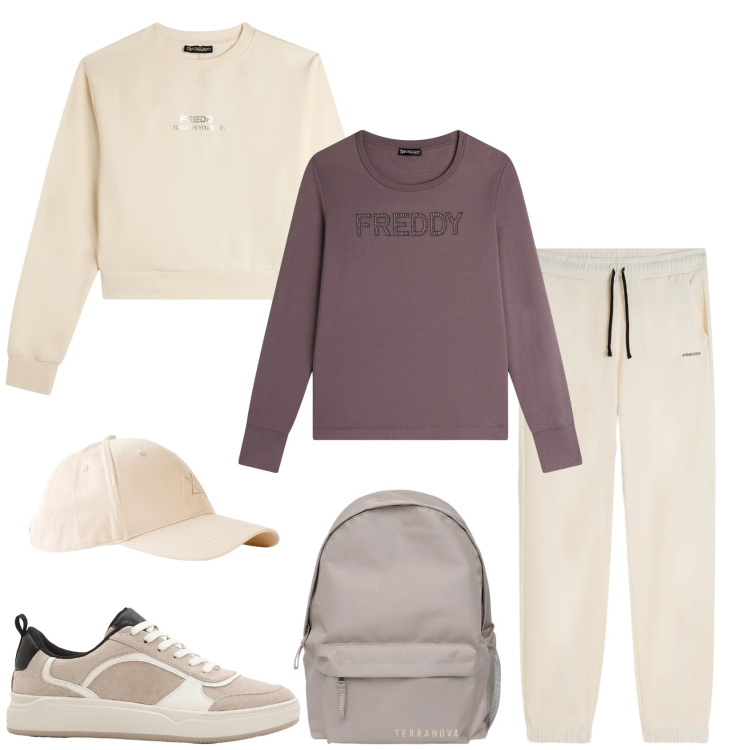Outfit donna - Tempo libero sporty chic. Stile Sporty chic per Tutti i giorni. Abbinamento con sneakers, cappelli con visiera, zaini, felpe, pantaloni, felpe.