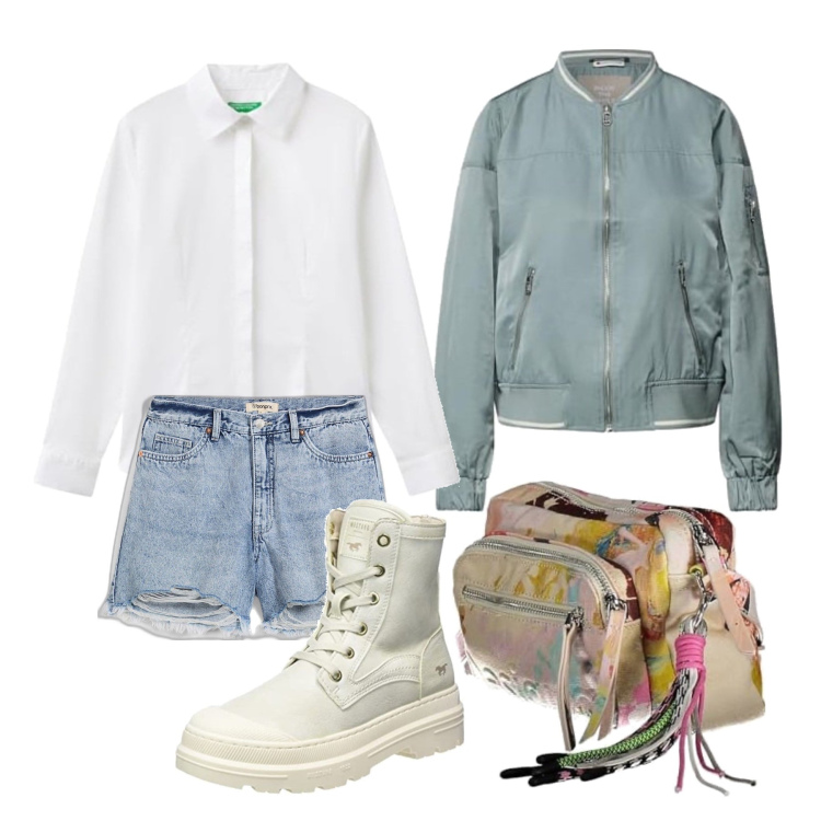 Outfit femme - Septembre. Style Casual pour Tous les jours. Assortir avec short, blazers, bottines, sacs en bandoulière, chemisiers.