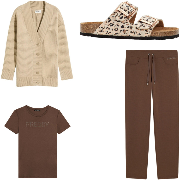 Outfit donna - Relax in casa. Stile Basic per Tutti i giorni. Abbinamento con cardigans, ciabatte, pantaloni, t-shirt.