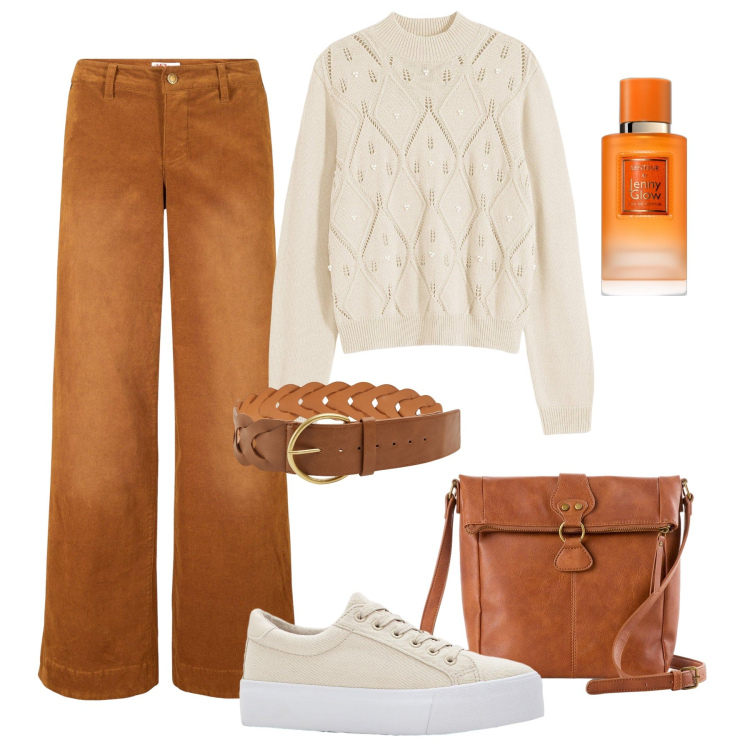 Outfit donna - Autunno in città. Stile Trendy per Tutti i giorni. Abbinamento con maglieria, pantaloni, borse a tracolla, sneakers, profumi, cinture.