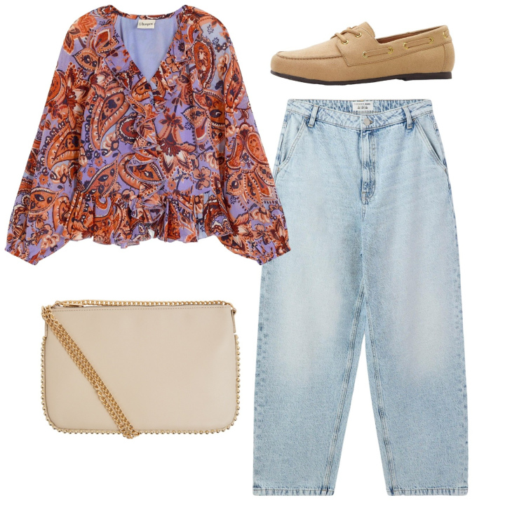 Outfit donna - City. Stile Casual chic per Tutti i giorni. Abbinamento con bluse, mocassini, jeans, borse a tracolla.