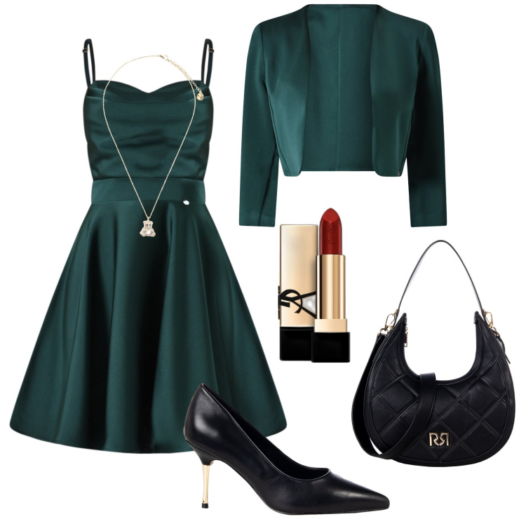Outfit donna - Evento verde smeraldo. Stile Chic per Serata fuori. Abbinamento con rossetti, bolero, vestiti corti, borse a tracolla, décolleté, ciondoli.