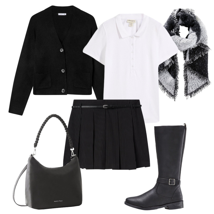 Outfit donna - In trend con la skort. Stile Trendy per Tutti i giorni. Abbinamento con stivali, polo, borse a mano, sciarpe, cardigans, minigonne.