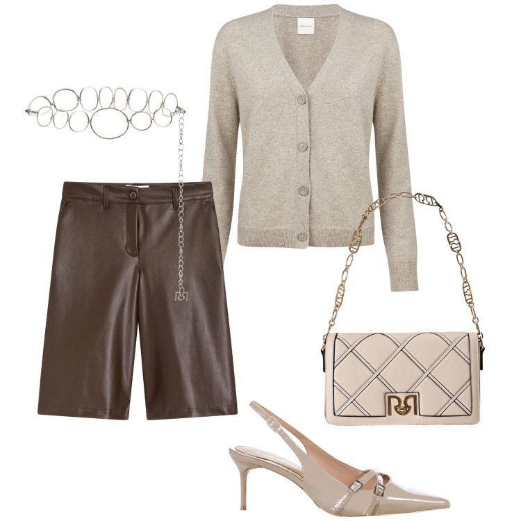 Outfit donna - Minimal chic: similpelle e cachemire. Stile Minimal per Ufficio. Abbinamento con bermuda, borse a tracolla, décolleté, cinture, cardigans.