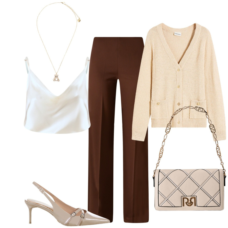 Outfit donna - Linea ufficio. Stile Casual chic per Ufficio. Abbinamento con cardigans, pantaloni a palazzo, canottiere, borse a tracolla, décolleté, ciondoli.