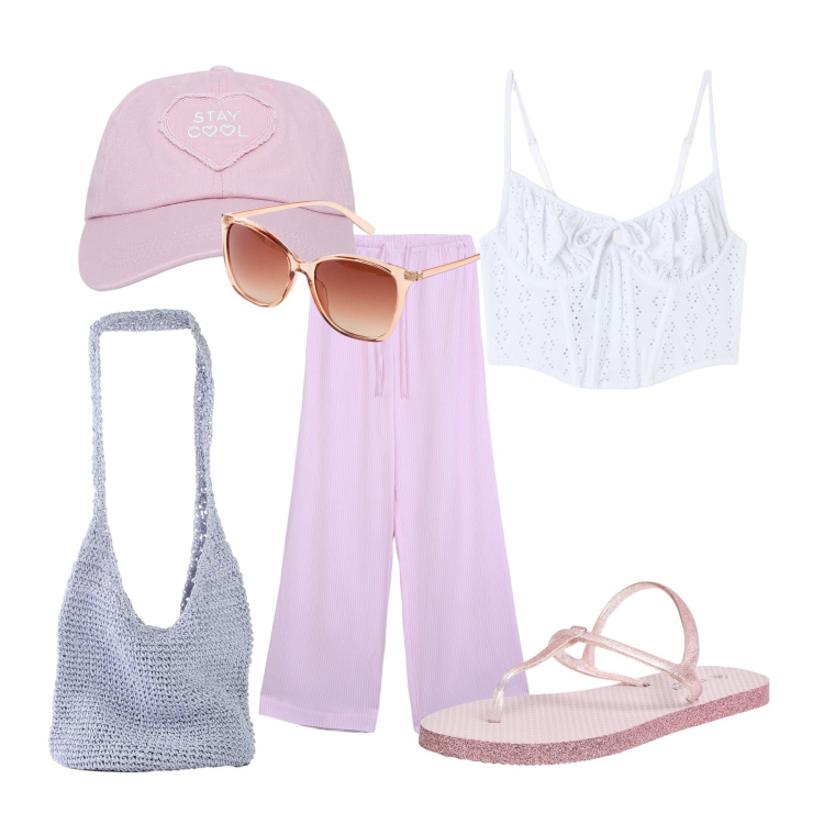 Outfit donna - Clear. Stile Glamour per Mare. Abbinamento con occhiali da sole, shopping bag, sandali, top, cappelli, pantaloni.